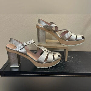 Wonders Metallic Leather Sandals Wood Platform Made in Spain Size 40 US 9-9.5